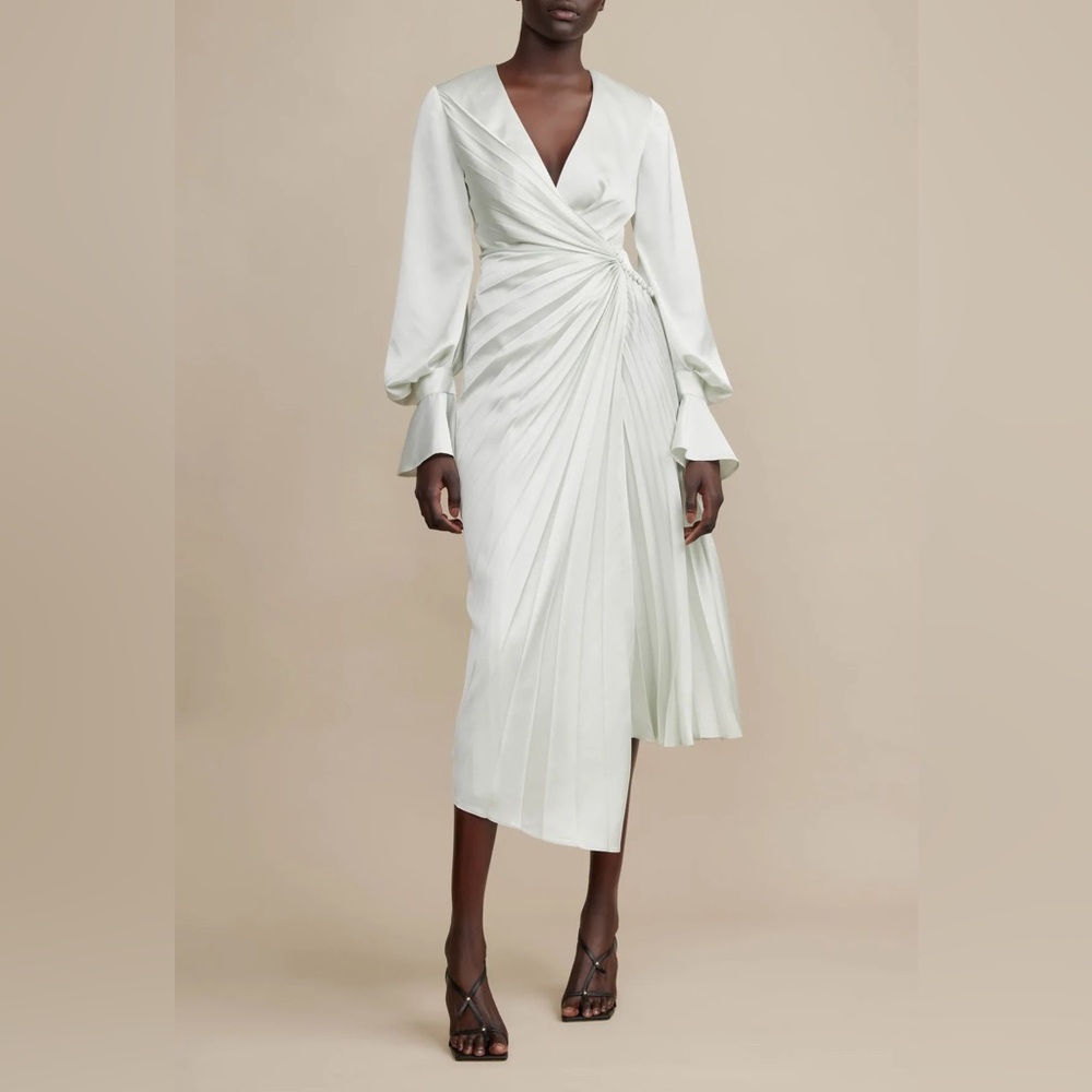 NWT Acler Cresta Ivory White Pleated Satin Long Sleeve Midi Dress Bridal Size 2